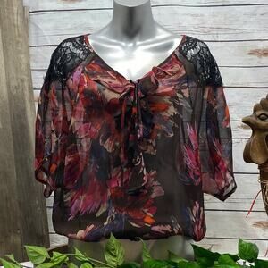 Cache Floral Top Lace See-Through Shoulders M Gathered elastic waist Black Pink